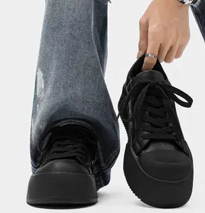 Men's Cleanfit Platform Sneakers All Black Leather-Like Simple Slim Leg Stylish