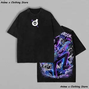 Soul King OP Anime T-Shirt Vintage Streetwear Graphic Tee Heavyweight 100% Cotton Oversized Pump Cover Men's Women's Trendy Gift Straw Hat Pirates Rock Star Guitar Acid Wash Shirt