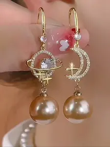 Elegant Champagne Color Faux Pearl Stud Earrings, Unique Starburst Design, Glass Inlay, Perfect for Women's Parties & Festivals, Elegant Minimalist Earrings