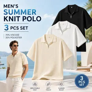 3-pack men’s summer 3D cutout breathable knit Polo shirt, short-sleeve Polo top with zip placket, comfortable and soft for work/daily wear/commuting/casual vacations