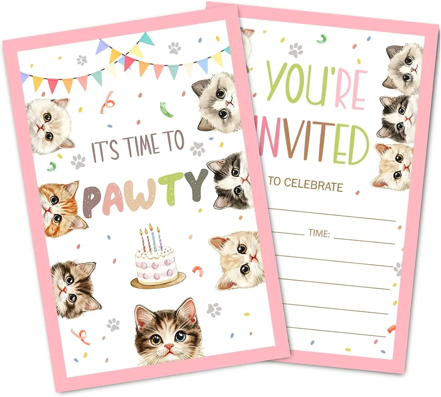Cute Cats Birthday Party Invitations, Watercolor Kittens Kitty Invites with Envelopes for Girls Boys Teen (30 Count), Cat Themed Birthday Party Invitation Cards Decorations Supplies