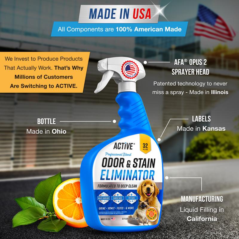 Pet Odor and Stain Eliminator - 32 oz ACTIVE Enzyme Cleaner for Dog & Cat Urine, Stain Remover Spray for Carpet, Upholstery, Hardwood, Spot Cleaning, Deodorizer for Dogs Cats Pets - Natural Citrus Oil