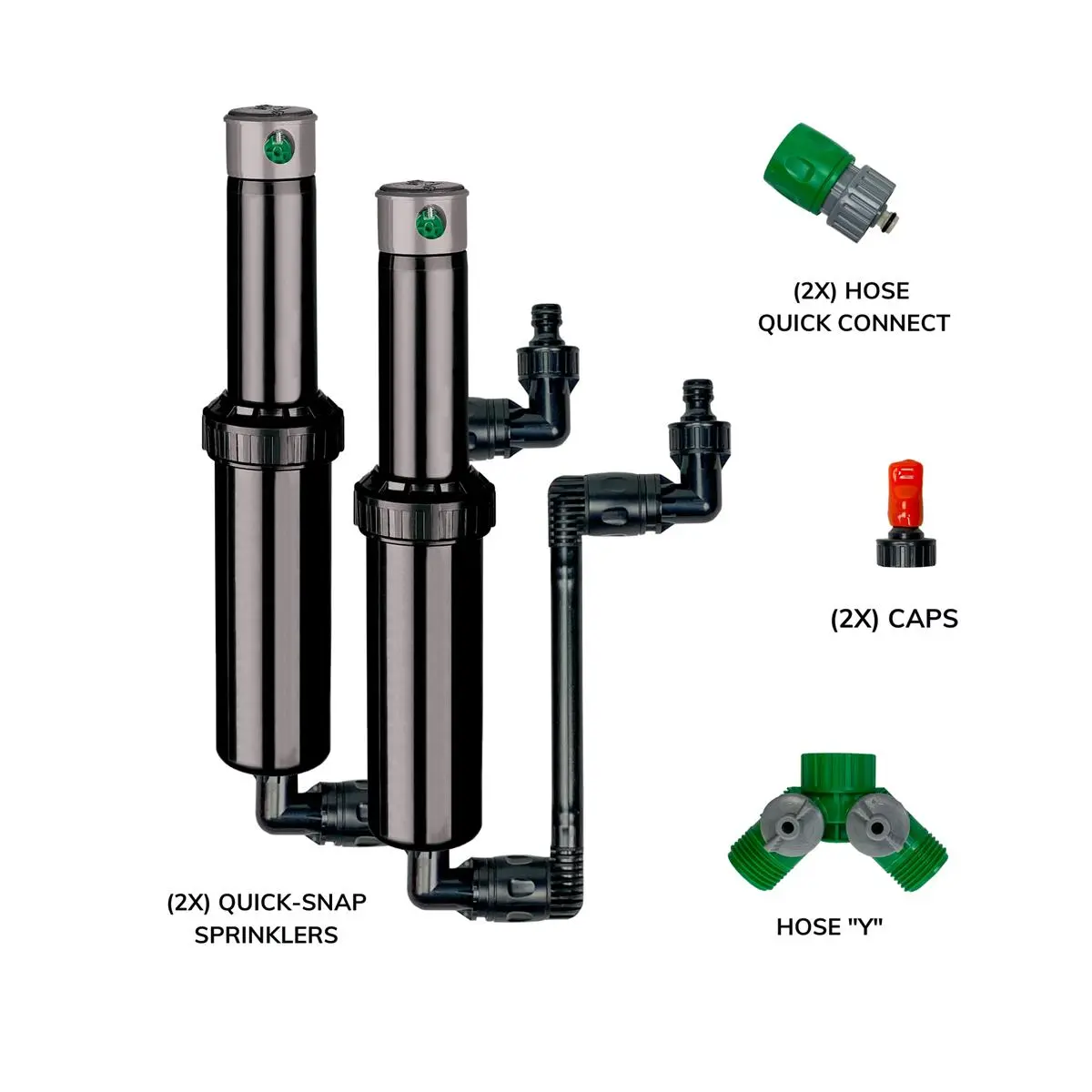 2-Pack 5 in. Above Ground Pop-Up Adjustable Sprinklers with Autowater Quick Snap-In Design, Quick-Hose Connectors, Splitter, 2.5 GPM, 5000 Sq. Ft. Coverage, Water Pressure Compatibility, Automatic Drop-Off, Orange Cap, Bury-Install Feature, Sprayers, Auto