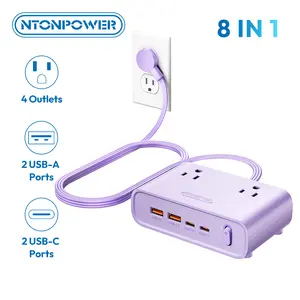 NTONPOWER Desk Power Strip with USB C, Purple Flat Plug 8-in-1 (4 AC + 4 USB), 25W Charging, 5ft Flat Extension Cord, Aesthetic Desk Setup, Study Desk & Dorm Room Essentials for Students