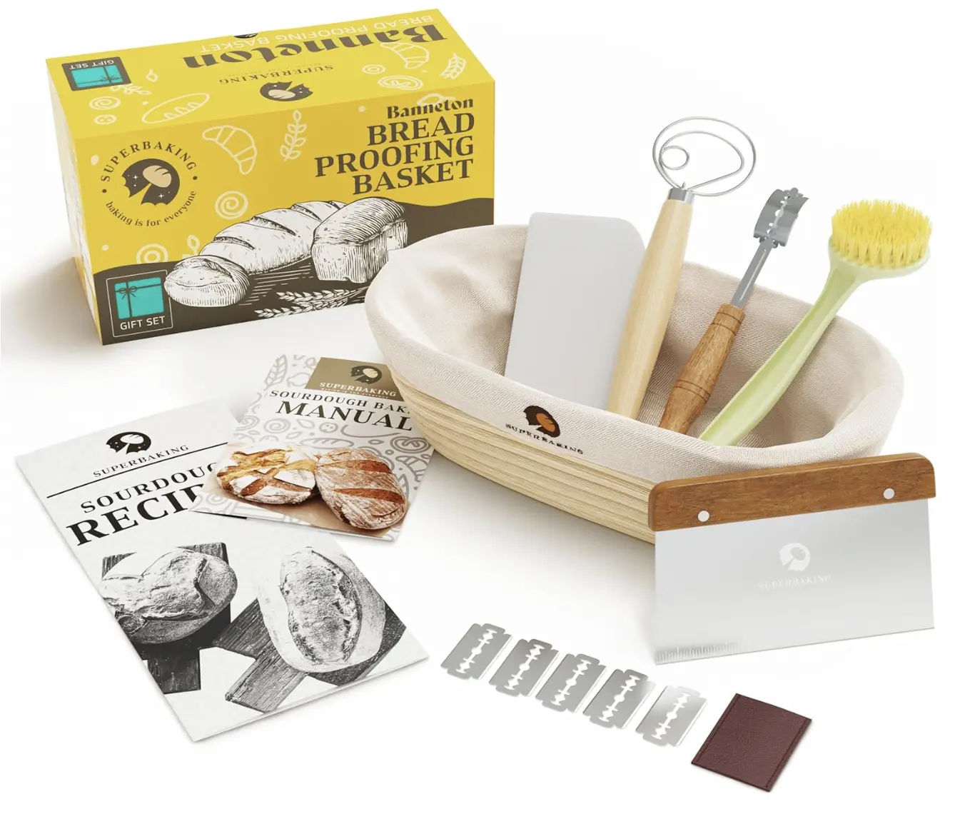 Superbaking All-in-1 10-in Round & Oval Rattan Banneton Bread Proofing Basket Gift Set, 1.5 lbs Dough Sourdough Starter Bakeware Kit with Essential Utensils for Crusty Artisan Loaves, Ideal for Beginners & Bread Lovers