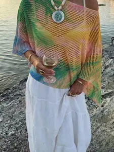 Elegant Watercolor Tie-Dye One-Shoulder Long Sleeve Knit Top, Casual Vacation Style, Breathable Women's Shirt, Spring Summer Fall Fashion