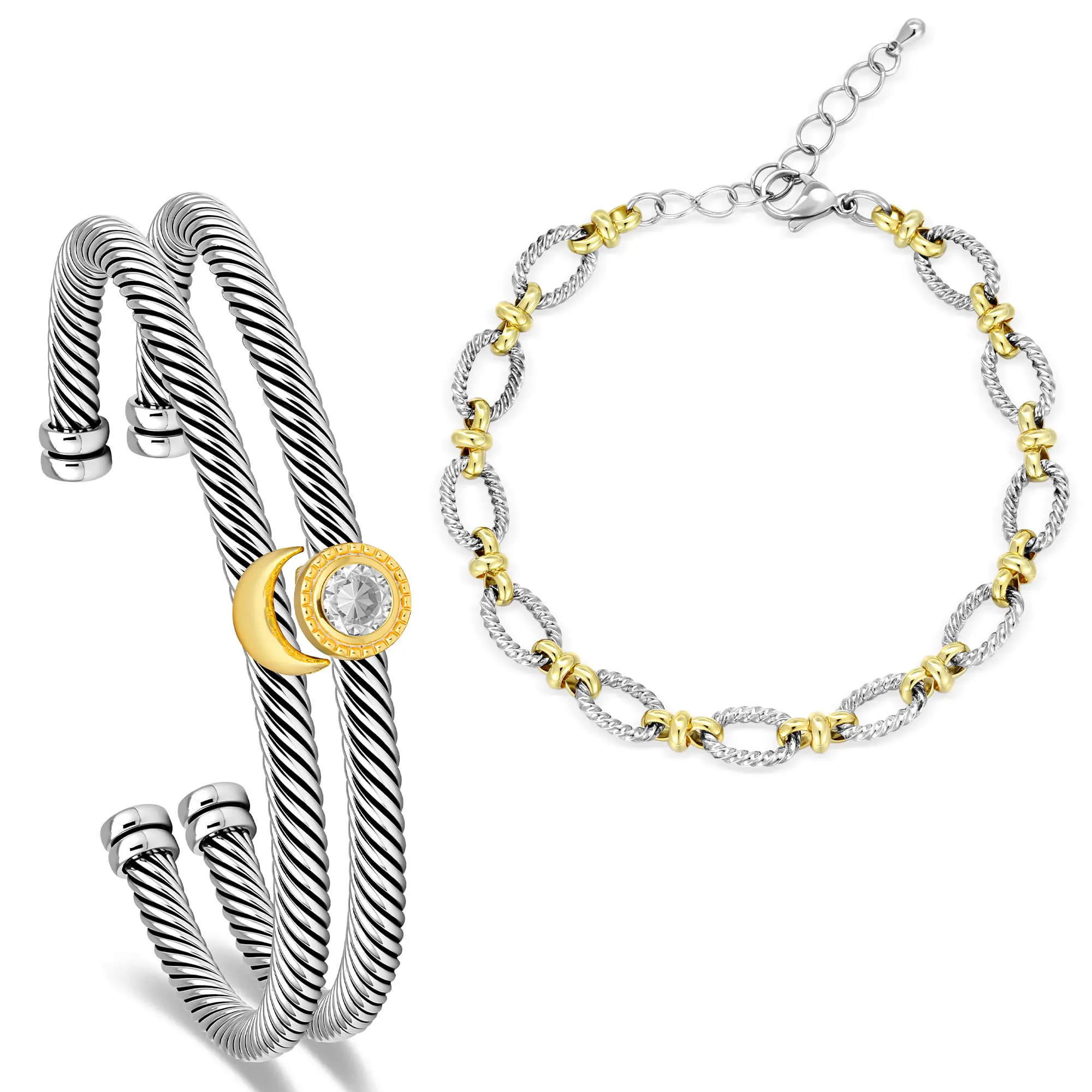 Aprilery Sun & Moon Cable Bangle Set – Stackable Mixed-Metal Cuffs with Zirconia, Adjustable & Gift-Ready Solstice Gemstone Bracelet Twisted Bracelet