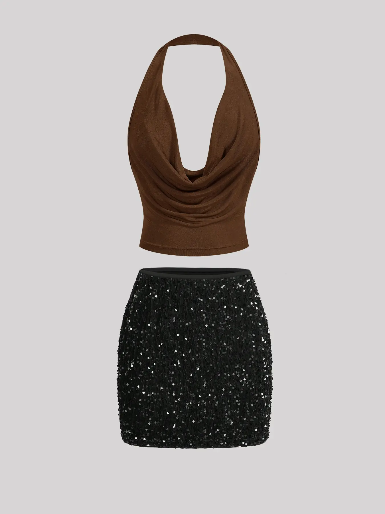 Women's Ruffled Neck Halter Shiny Sequin Bodycon Skirt Set, Elegant, Temperamental & Sexy Style, Perfect for Christmas, Music Festivals, Valentine's Day, Parties, Gatherings, Cocktail Parties, Dance Performances & Other Occasions.
