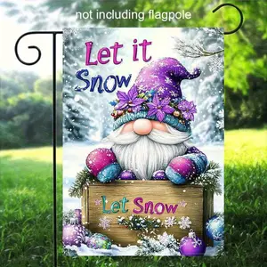 Double-Sided Christmas Garden Flag 18″x12″ – Weather-Resistant Linen Outdoor Decor with Snowman, Purple Hat & "Let It Snow" Text, Festive Yard Decoration for Winter Holidays