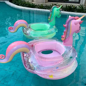 Children's Pink Rainbow Unicorn Sequin Inflatable Swim Ring Cute Unicorn Children's Sponge Bottom Seat Ring