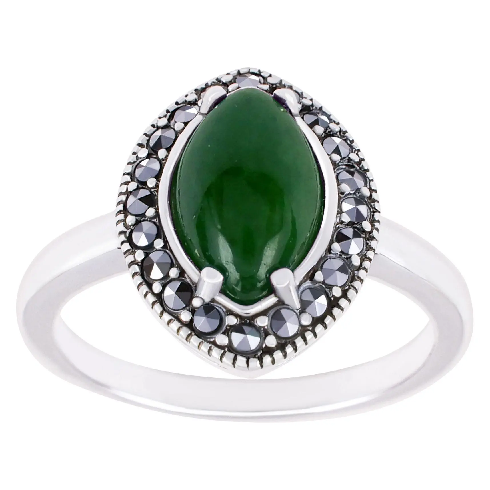 Suspicion Sterling Silver Jade& Marcasite Marquise Halo Ring