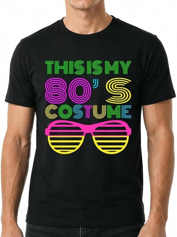 Men's Black Cotton Crew Neck Retro Classic Punk T-Shirt - 1980s Disco, 80s Kids, Iconic Pink-And-Yellow Sunglasses Print, Multicolor Neon Font, Loose-Fitting, Lightweight, Breathable, All-Season Casual Tops