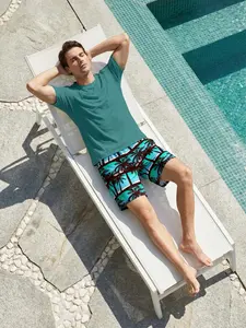 Summer vacation palm tree print men's top & shorts, lake green color block beach casual set
