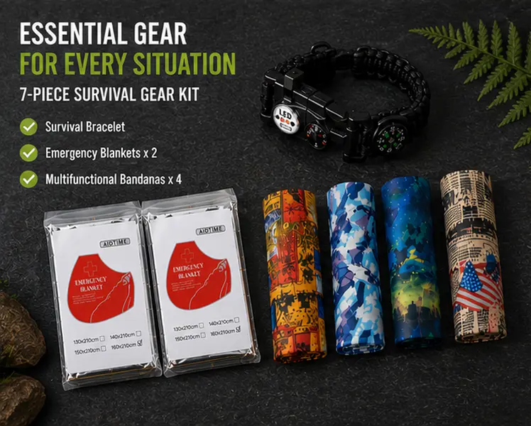 Compact Survival Kit for Men with Built-in Lithium LED Light Compass Bracelet, 2 Thermal Blankets, 4 Quick-Dry Elastic Scarfs, Thermal Fabric for Camping, Hiking