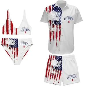 Michelob Ultra Matching Couple Swimwear Patriotic Skull Dripping Flag, Couple Beach Vacation Outfit Bikini Button Up Shirt,  Perfect Gift for Boyfriend Girlfriend