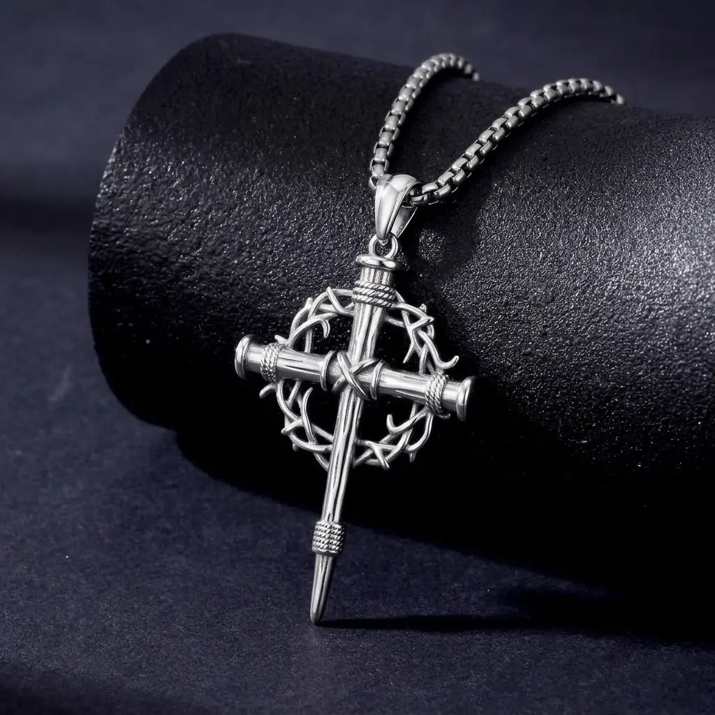 Cross and Crown Necklace for Men Stainless Steel Thorns Cross Necklace White/Yellow Gold Plated Three Nails Christian Pendant Jewelry Gift for Father's Day