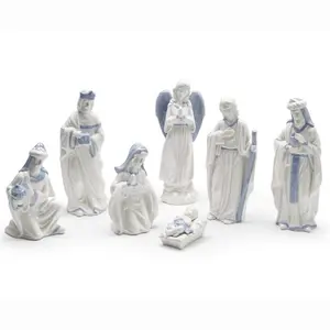 White and Blue Ceramic 7-Piece Nativity Set – Individually Gift Boxed – Elegant Christmas Décor, Boutique Designer