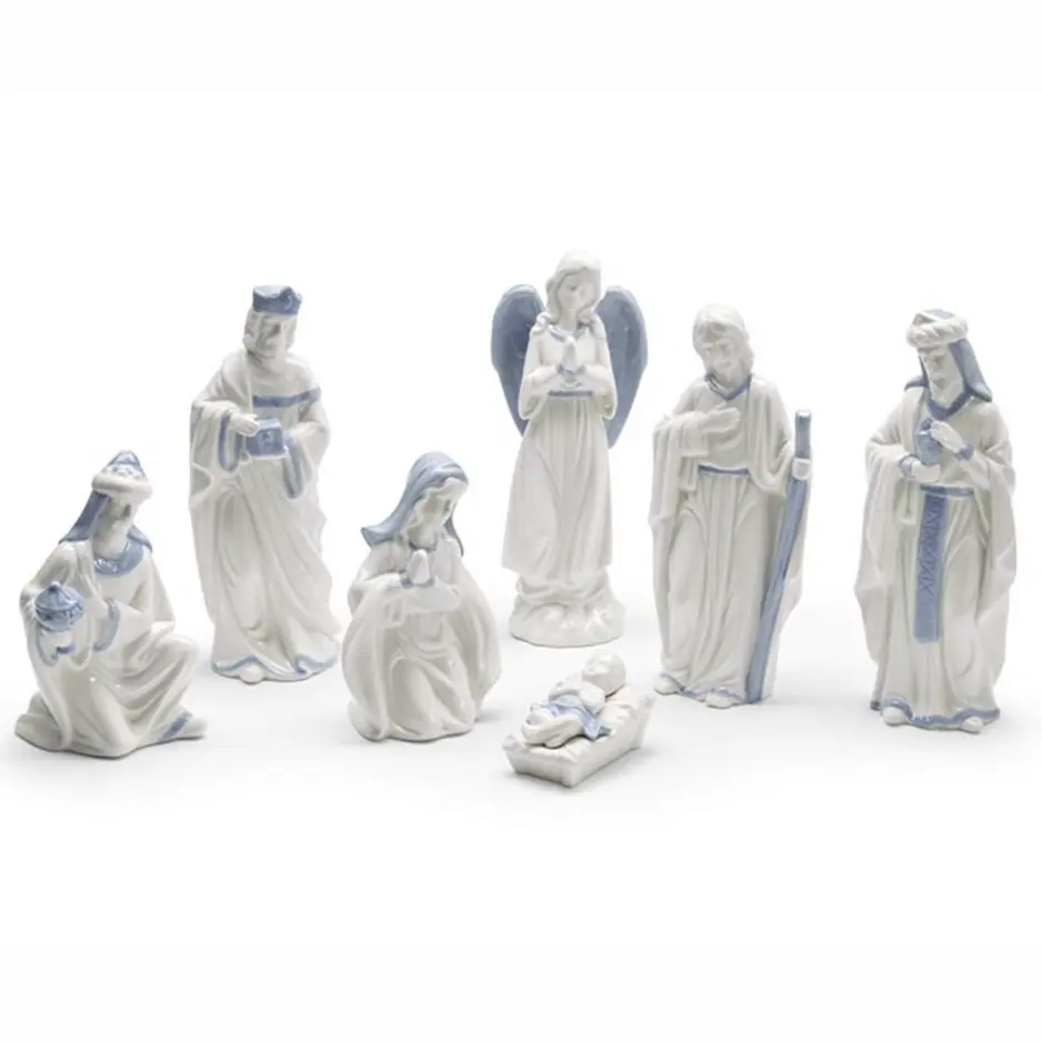 White and Blue Ceramic 7-Piece Nativity Set – Individually Gift Boxed – Elegant Christmas Décor, Boutique Designer