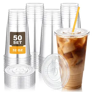 50set 32oz Clear Disposable Plastic Cups （with Lids and Straws） - BPA-Free, Recyclable, Leakproof Disposable Tableware for Iced Coffee, Beach Bash, Summer Fruity Drinks | Home & Party Supplies
