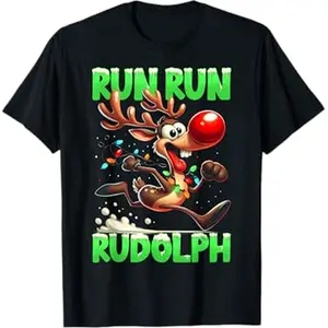 Christmas 5K Run Run Rudolph Holiday Team Running Outfit T-Shirt, 100% Cotton, Single Side Printed, Black Short Sleeve T-shirt, 1 pc, Christmas Halloween Thanksgiving Gift
