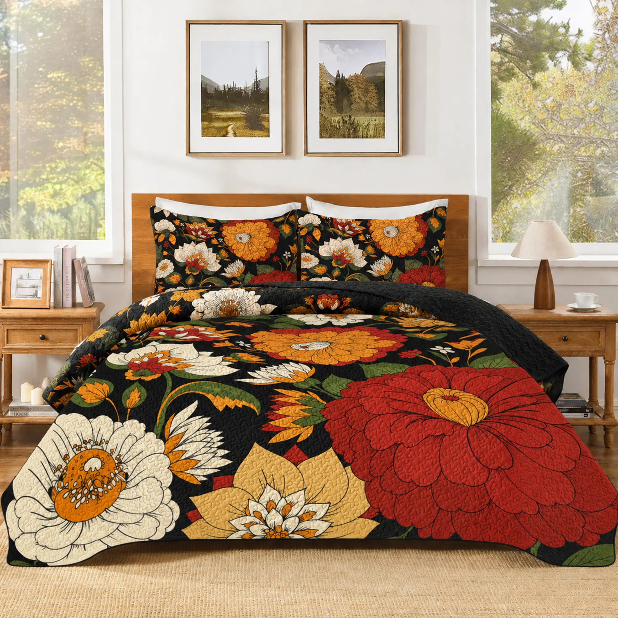 King Size (106in x 96in) 3-Piece Boho Floral Quilt Set, Farmhouse Botanical Reversible Lightweight Microfiber Bedspread Coverlet with 2 Shams, Mid-Century Leaves All-Season Bedding for Summerwins Gift