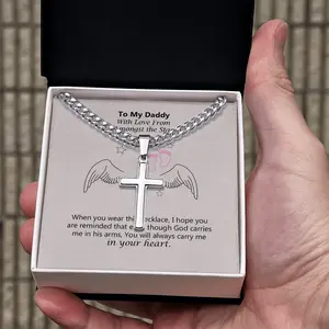 Cross Cuban Link Chain, Daddy Of An Angel Necklace, Sympathy Gift For Dad With Message Card & Gift Box, Remembrance Jewelry For Father, Angel Baby Loss Gift, In Loving Memory Cross Cuban Chain For Daddy