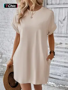 Women's Plain Pocket Batwing Sleeve Tee Dress, Casual Round Neck Roll Up Sleeve Dress for Summer, Fashion Women's Dress