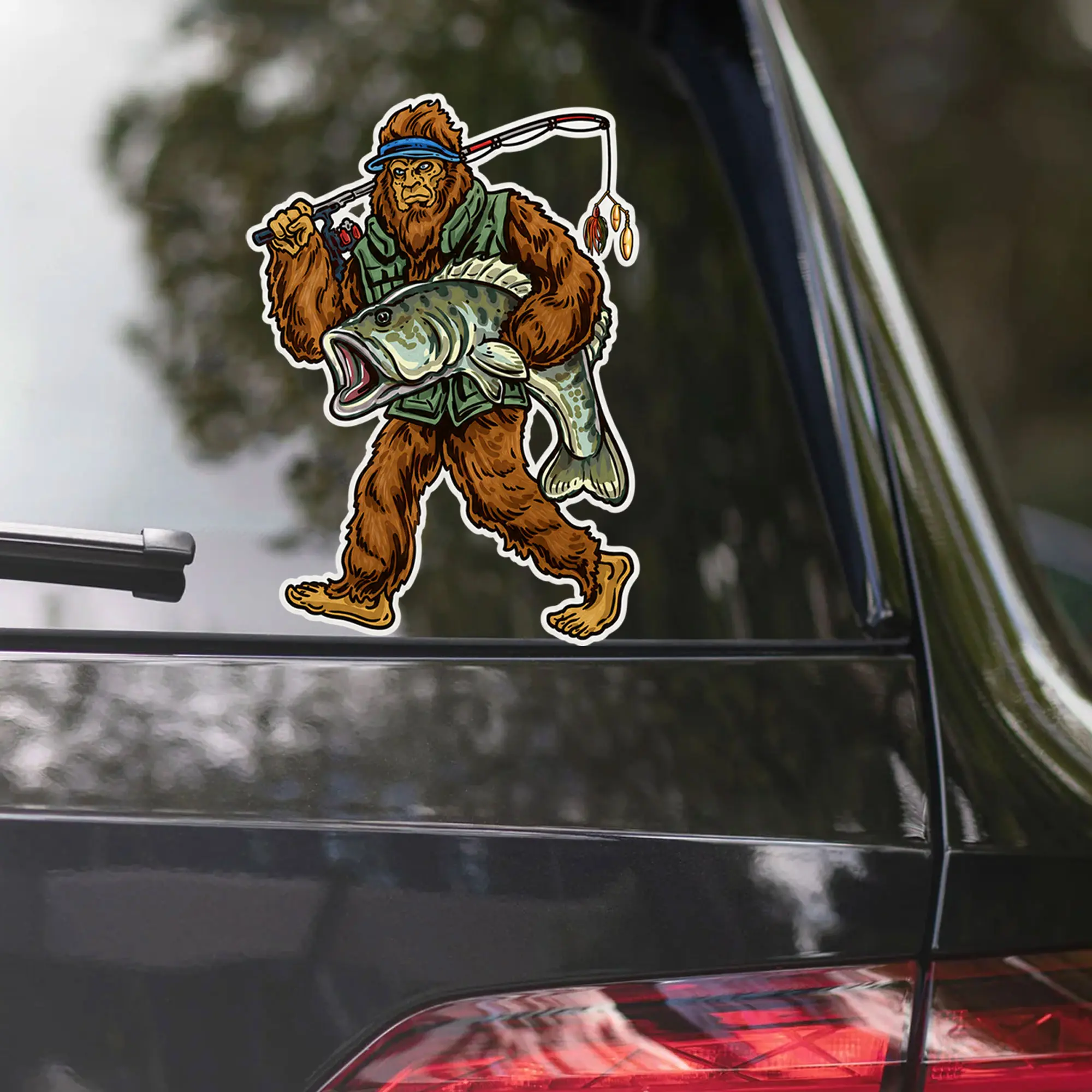 Bigfoot Sasquatch Bass Fishing Rod Vinyl Sticker, Waterproof Die Cut Angler Decal, Outdoor Truck Boat Cooler Decor