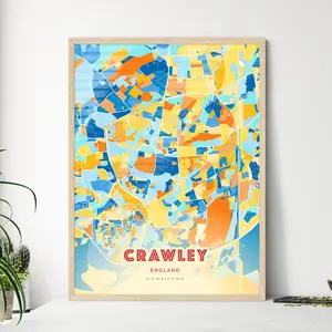 Colorful Crawley England Blue Orange Fine Art Print City Map Customizable Poster Personalized Gift