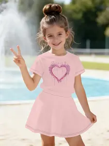Women Summer Sweet Cute Two-Piece Set, 3D Digital Print Cartoon Pattern, Casual Comfort Short Sleeve T-Shirt and Skirt Set, Everyday Clothes