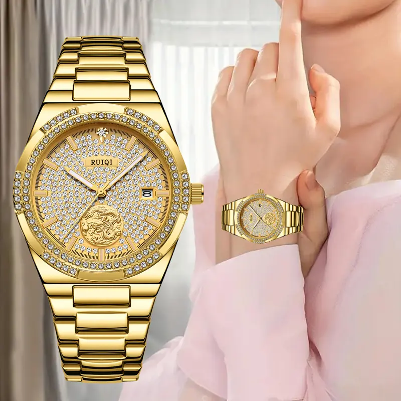 Women's High Quality Rhinestone Diamond Analog Automatic Mechanical Wristwatch - 40mm Trendy Alloy Band with Buckle Closure, Luminous Display, Stylish Dial, Gold Fashion Watch, Trendy Wristwatch