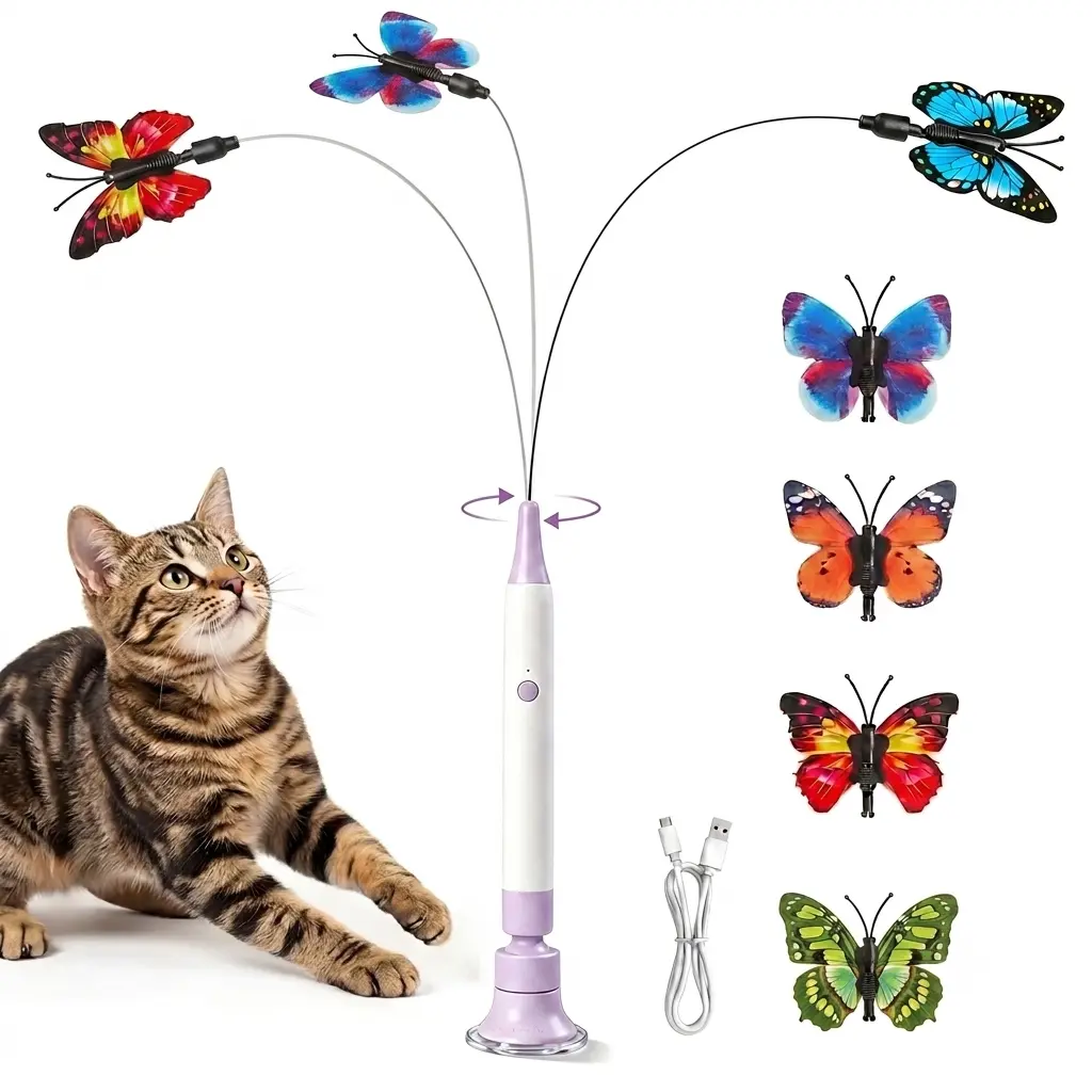 Realistic Spinning Butterfly Cat Toy Wand – Rechargeable Electric Touch-Activated Interactive Cat Teaser Toy with Suction Cup, Self-Play & Handheld Interactive Modes, Durable Automatic Play Design for Indoor Kitties and Cats
