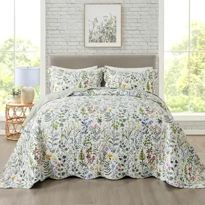 3-Piece Quilt Set Lightweight Quilted Bedspread Coverlet Garden Style Floral Printed Oversized Bedding Set with Shams for All Season Exquisite Queen Size
