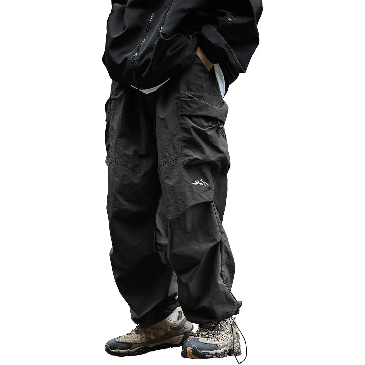 Men's Baggy Cargo Parachute Pants, Loose-Fit Lightweight Water-Resistant Harem Trousers with Pockets for Casual Hip-Hop Streetwear