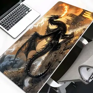 Fantasy Fire-Breathing Black Dragon Dark Style Gaming Desk Mat, Gaming Mouse Pad, Desktop Decoration Protection Pad, Rubber Non-Slip Lock Edge Multi-Sized Pad, Suitable For Gaming Work Home, Ideal Gift For Family And Friends