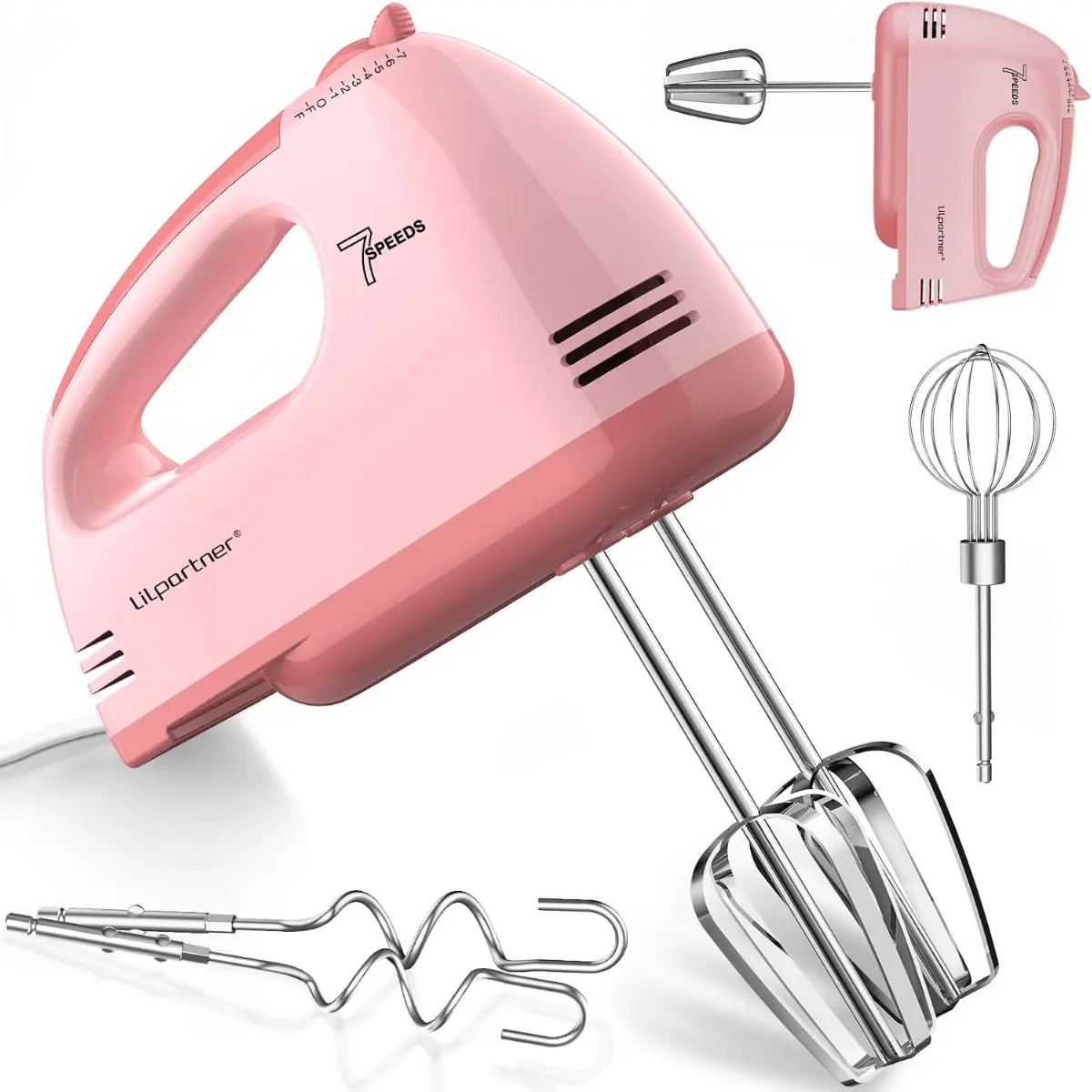 LILPARTNER Hand Mixer Electric, Ultra Power Kitchen Hand Mixer With 7-Speed & 5 Stainless Steel Accessories for Whipping Dough, Cream, Cake, Dishwasher Safe, Light Pink