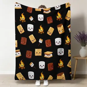 Cute Kawaii S'mores Campfire Pattern Flannel Throw Blanket Soft Warm Cozy Lightweight Blanket for Home Office Travel Camping Gifts 50"x60"