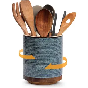 360 °   Rotating Extra Large Ceramic Utensil Holder - 7.6" Stable Utensil Crock Caddy for Countertop, Perfect for Farmhouse Kitchen Decor, Blue
