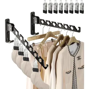 Wall Mount Coat Hanger Holder Black Clothes Drying Organizer Rack Garment Hooks Aluminium Retractable Folding Indoor Wall Mounted Hanger Space Saver for Laundry Room Bedroom Black 2 Pack with 8 Hooks