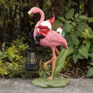Gnome & Flamingo Statue with Lantern Hand-painted Animal Theme Resin Figurine Christmas Ornaments for Outdoor Garden Decoration