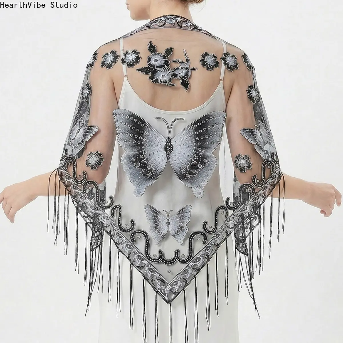 Women's Elegant Butterfly Embroidery Polyester Wedding Shawl - Sheer Mesh Lace Detail Tassel Wrap, Vintage Floral Bridal Cover-Up, Female Sports & Outdoor Accessory Scarf, Unisex, Adults, Wrap & Go Coverage