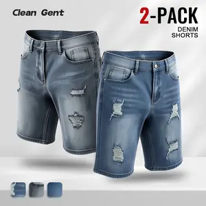 Clean Gent 2-piece men’s ripped slim-fit stretch denim shorts set—men’s design, cotton fabric for summer, breathable and comfortable, highly recommended.