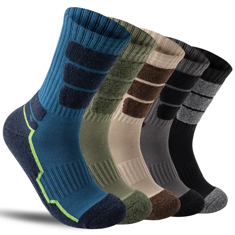 Women's & Men's 5-Pair Merino Wool Sock Set, Assorted Color Mid-Calf Socks with Moisture-Wicking, Arch Support Compression, Thick Cushion, Sweat-Absorbent Breathability for Activewear & Gifting