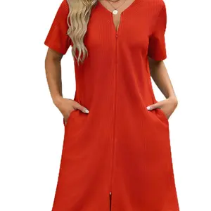 Women Zipper Robes Waffle Short Bathrobe Lightweight House Coat with Pockets Soft Nightgown S-3XL