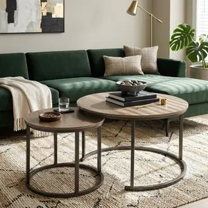 Nesting Coffee Table Set of 2 Round Side Tables, Modern Industrial End Tables with Sturdy Metal Frame, Oak Finish Accent Tables for Living Room Bedroom Apartment, Compact Nightstand & Sofa Side Table, Space Saving Home Furniture