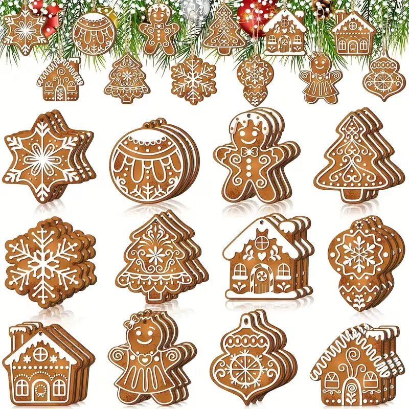 1 set/36pcs Wooden gingerbread man and house shaped cookie cutters - such as Christmas tree ornaments - rustic farmhouse style gingerbread-themed hangings with icing pattern (unglazed) suitable for holiday trees, fireplace mantels, doors