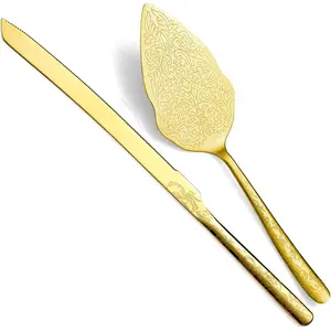 Gold Wedding Cake Knife and Server Set, Titanium Gold Plating With Unique Pattern Design Cake Cutter Serving Set Perfect For Wedding, Birthday, Parties and Events Dishwasher Safe