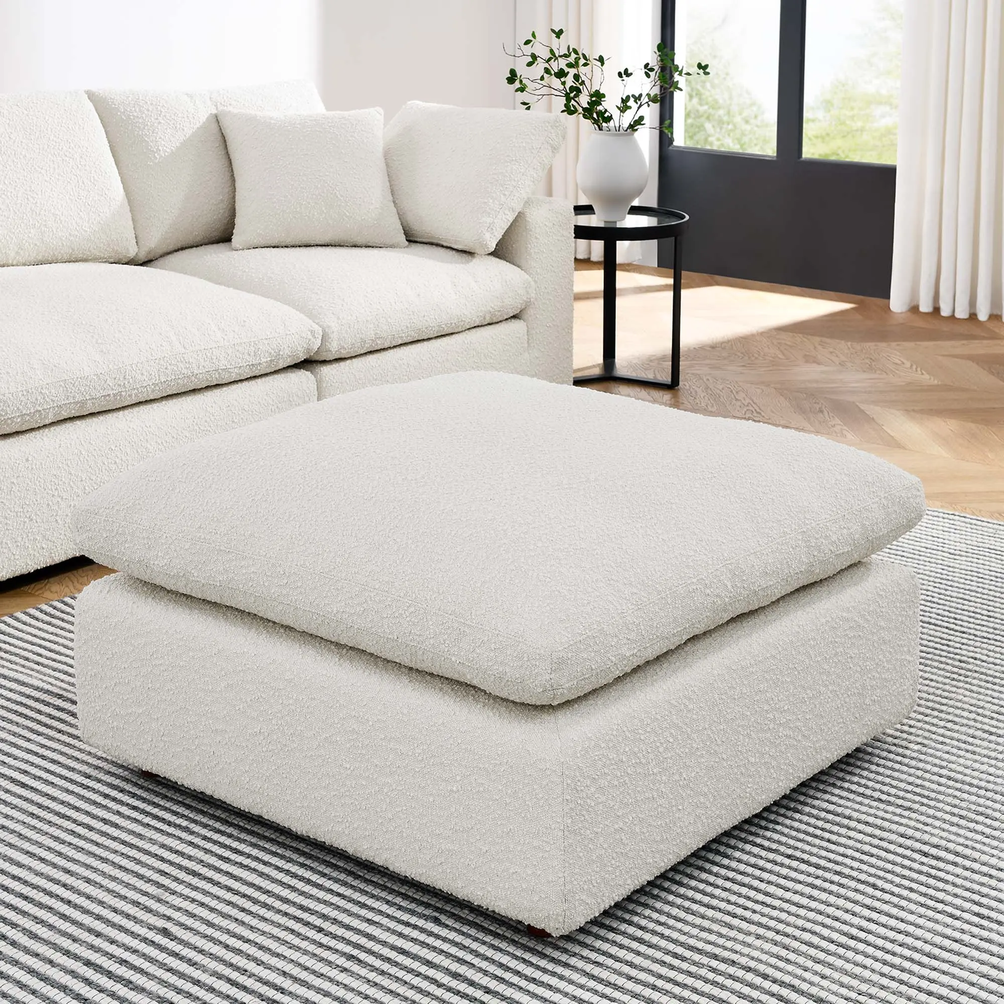 Commix Square Down-Filled Overstuffed Boucle Upholstered Storage Ottoman - Ivory, Nubby Texture, Clean Lines, Solid Wood Single Seat Indoor Furniture Stool Bench for Game Room, 331 lbs Capacity, Curl-Up Ready