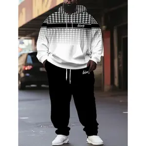 Plus Size 2pcs Men's 'king' Letter Print Plaid Hooded Long Sleeve Sweatshirt and Pants Set Casual Set Suitable for Spring and Autumn Wear