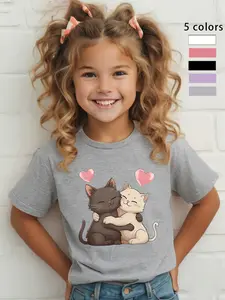 Girls' Cute Cartoon Cat Print T-Shirt, Fitted Casual Wear, Breathable and Comfortable, Daily Fashion, Toddler Clothing, Casual Comfy Shirt, Cute Cartoon Clothes